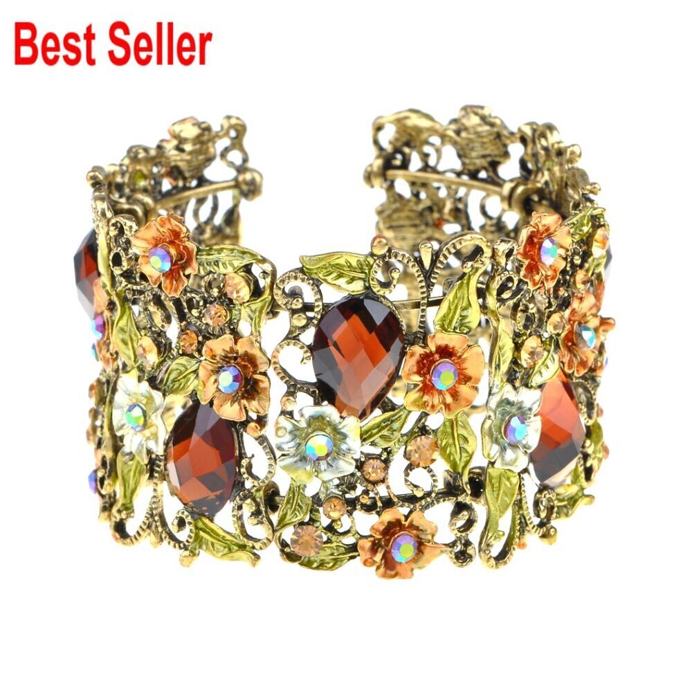 Crystal Rhinestone Floral Vintage Bracelet Bangle Cuff Adjustable